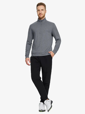 Full-body front view on model wearing BLACK GREY HEATHER Quarter Zip Melange Pullover, casual sporty look.