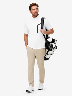 Full body model holding golf equipment, lightweight upf50+ short sleeve golf vests jacket in white