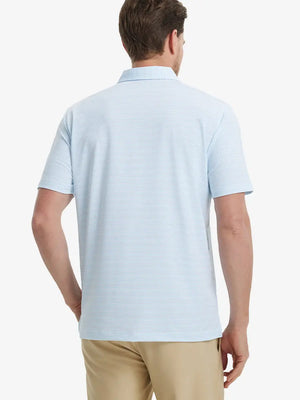 Back view of model in Slate Blue Aqua Blue Stripe Performance Stripe Golf Shirt