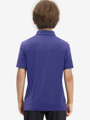 Back half-body view of youth wearing plum blue stripe performance cooling polo, showing rear design