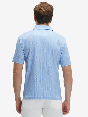 Back waist-up shot of model wearing sky blue flower performance quick dry print golf polos