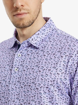 MAELREG Men's Performance Jersey Print Polo – Front chest view in Lavender Seaside Palm