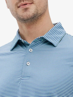 Close-up front view from nose to chest showing Cooling Stripe Golf Shirt in GREEN ASH STRIPE, breathable fabric