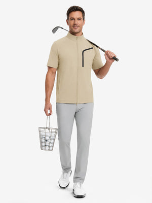 Full body model holding golf equipment, lightweight upf50+ short sleeve golf vests jacket in khaki