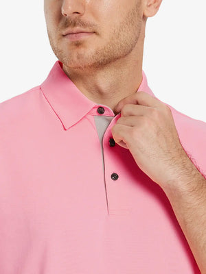 Model front close-up from nose to chest wearing PINK Ventilated Pique Performance Polo