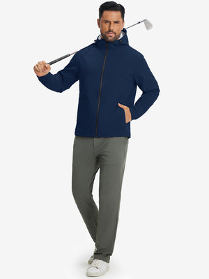 Model holding a golf club, wearing navy water-resistant heat-tech softshell winter jacket with hood.