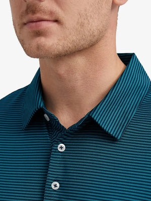 Close-up front view from nose to chest showing Cooling Stripe Golf Shirt in TURQUOISE STRIPE, breathable fabric