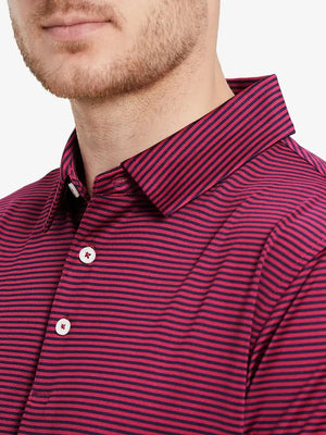 Front view from nose to chest: model in RED STRIPE polo, vibrant stripes add bold sporty energy