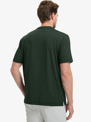 Back half-body view wearing Everyday Collarless Jersey Shirt in OLIVE GREEN.