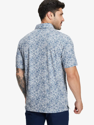 Back half-body view of model in STERLING GREY FLOWER Popular Heather Print Polo