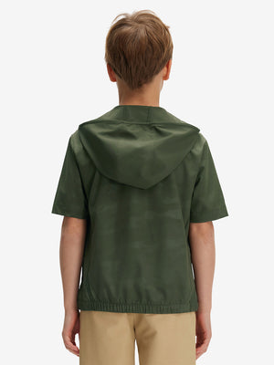 Back waist-up shot of model wearing military green water-resistant short sleeve q-zip hoodie for boys