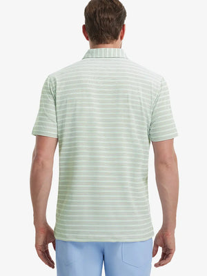 Back view of model in Olive Green Beryl Green Performance Stripe Golf Shirt