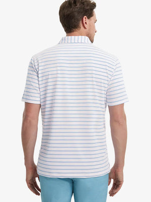 Back view of model in Light Pink Cobalt Stripe Performance Stripe Golf Shirt