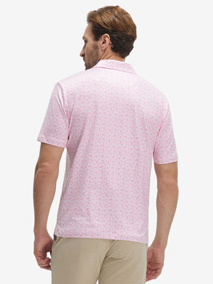 Back half-body view of model wearing the pink wine glass 4 way stretch print collared polo shirt, highlighting the rear silhouette