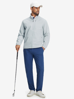 Lifestyle shots of winter thermal outdoor water resistant fleece jacket in light gray, worn while holding golf clubs
