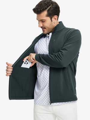 Close-up of hand in pocket on lightweight casual fleece jacket with 5 pockets, dark grey fabric detail