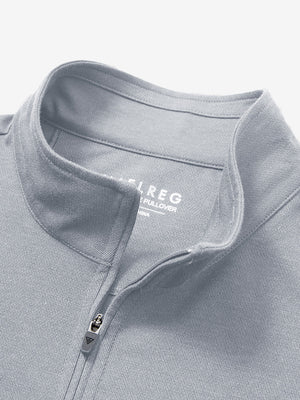 Collar close-up of Premium jacquard quarter zip pullover with zip detail in light grey