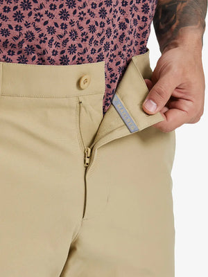 Close-up of waistband button and interior logo on KHAKI Water Resistant Versatile 8 Pockets Shorts.