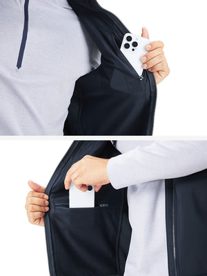 Close-up detail showing phone in the pocket of sleeveless softshell fleece outdoor vests with 6 pockets in navy