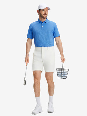 Full-body shot of a model holding a golf club, wearing the plum blue feather weight jacquard polo shirts and pants