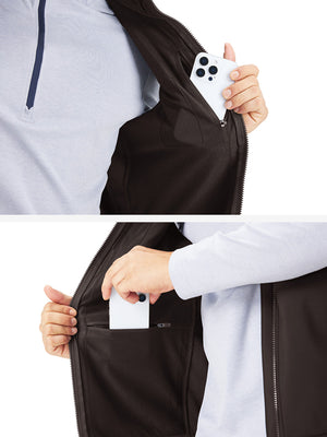 Close-up detail showing phone in the pocket of sleeveless softshell fleece outdoor vests with 6 pockets in coffee brown