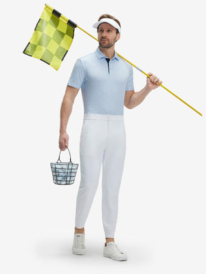 Full-body front view of model wearing the light blue line leaf 4 way stretch print collared polo shirt, showing the complete outfit