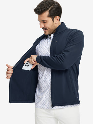 Close-up of hand in pocket on lightweight casual fleece jacket with 5 pockets, navy fabric detail