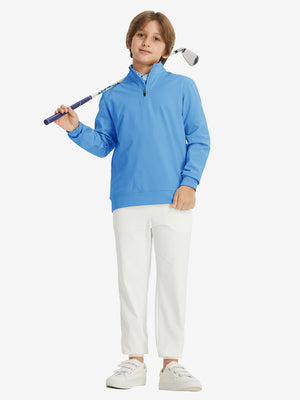 Full body model holding a golf club, styled in youth winter micro-fleece quarter zip pullover with sky blue