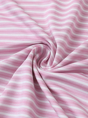 Close-up of pink stripe sport fit stripe polo fabric showing crisp horizontal stripes and smooth, breathable texture.