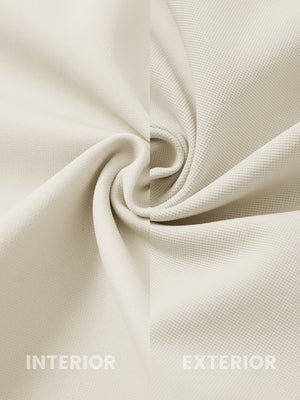 Close-up of fabric on water-resistant zip up golf jacket, showing texture and finish in light khaki.