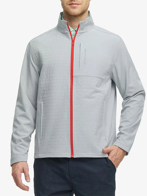 Model in Light Grey Softshell Jacket, front half-body view from nose down – refined and relaxed