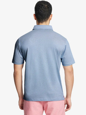 Rear half-body shot showing fit of LIGHT BLUE Performance Ananas Jacquard Polo