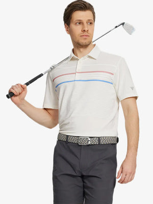 Model golfing in Chest Print Polo Shirts, Cream tone