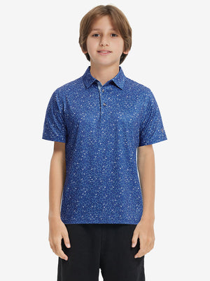 Model front upper body wearing Stylish print boys polo shirts in fresh blue molecular structure style