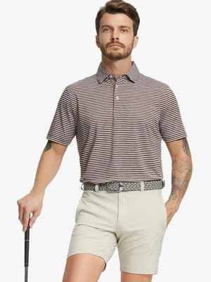 Front half-body shot of model holding golf club, wearing Sport Fit Stripe Polo in Brown Stripe