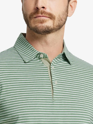 Front close-up shot of model from nose to chest wearing Sport Fit Stripe Polo in Dark Green Stripe