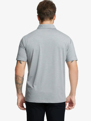 Back half-body shot of model showcasing the back of Sport Fit Stripe Polo in Grey White Stripe