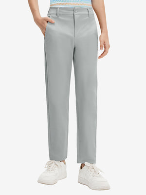 Front lower body shot of model wearing the rose dust youth water resistant cotton blend golf pants, showcasing a relaxed fit