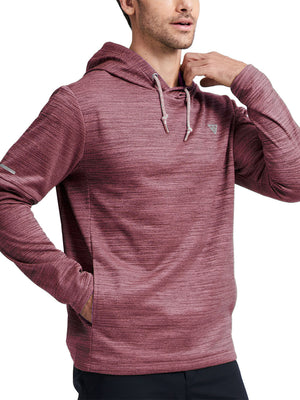 Side view of a model wearing the red heather Heather Fleece Hoodies Pullover