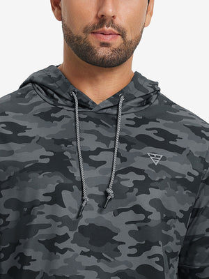 Upper front collar detail of trendy print fleece hoodies, neat stitching with dark camouflage accent