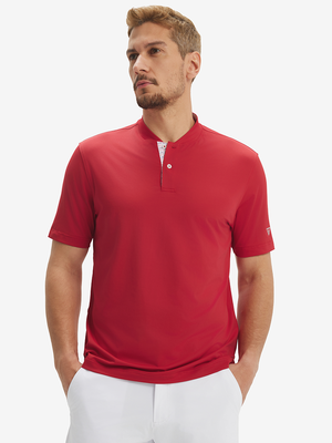 Front half-body of model wearing red moisture-wicking short sleeve henley shirt