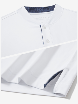 Detail of white Henley showing collar and hem vent construction.