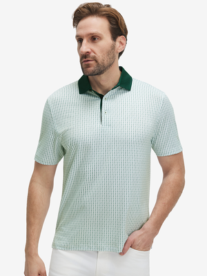 Front half-body of model in white green lines lightweight stretch upgraded print golf polo shirts