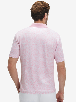 Back half-body of model in pink artichoke lightweight stretch upgraded print golf polo shirts 