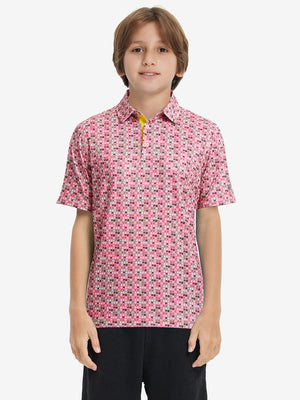Front half-body shot of youth in pinkdonut performance print boys golf polo, highlighting design and fit