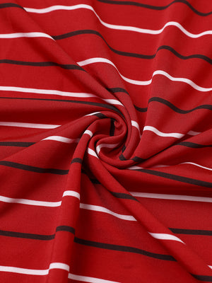 Close-up of red stripe stylish stripe jersey golf polo fabric showing smooth texture and breathable knit.