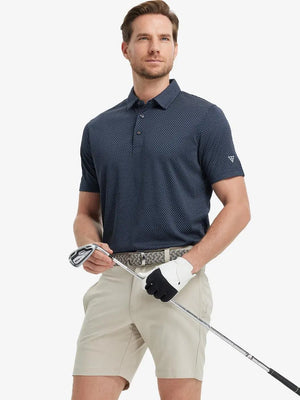 Full body front view of model wearing GREY NAVY Your Favorite Jacquard Polo, holding a golf club