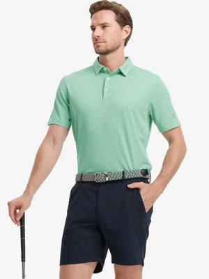 Full body front view of model wearing LIGHT GREEN Your Favorite Jacquard Polo, holding a golf club
